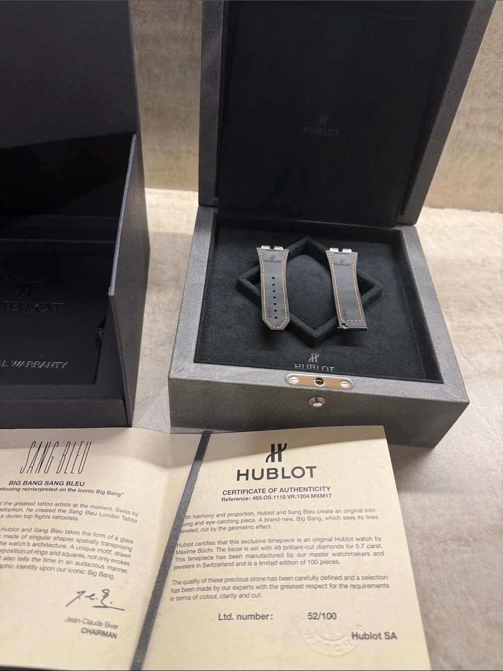 HUBLOT Gray Suede Sang Bleu Collector Watch Case w/ Croc Strap & Original Papers